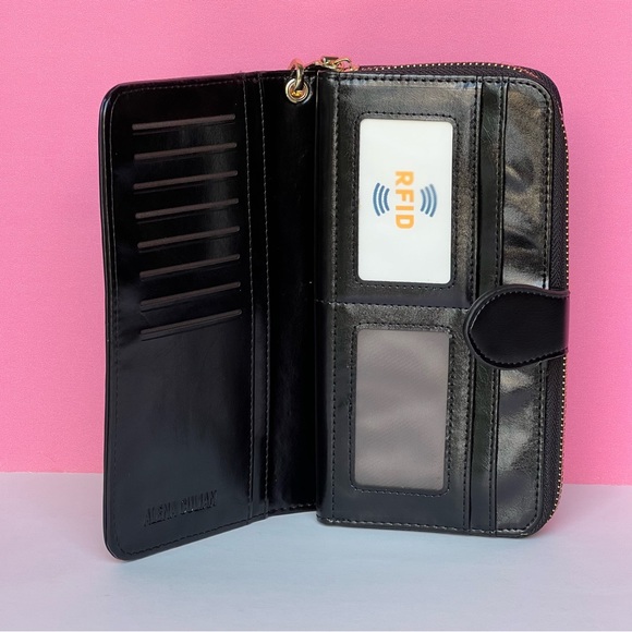 NEW! Alena Culian Faux Leather Long Wallet Wristlet Black with Dust bag - Picture 4 of 8